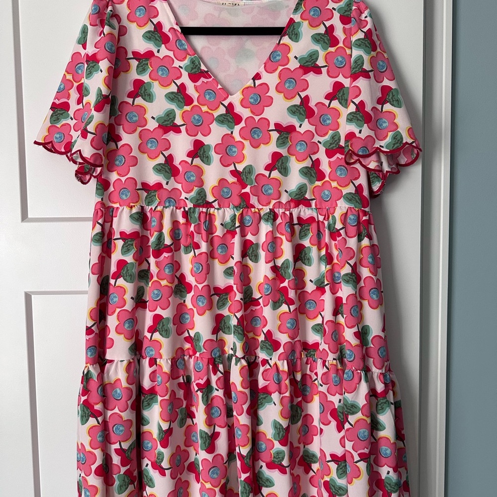 JODIFL Pink Floral Mini Dress with Green Leaves and Blue Centers - Picture 2 of 4